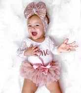Gi Gi - Girls First Birthday Lace Long Sleeve Romper + Tutu + Headband.
